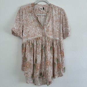 Anthropologie Cream and Pink Floral V-Neck Flutter Sleeve Blouse. Size XS